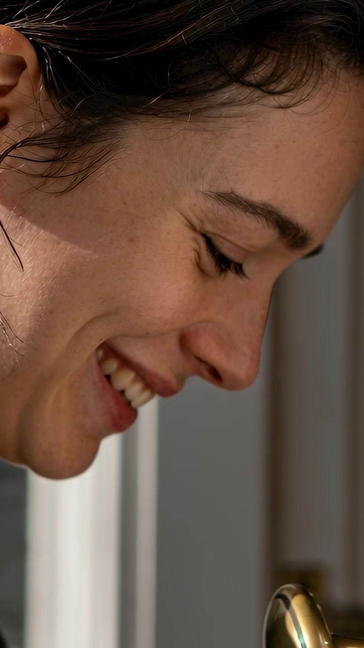 Video vertical: Mujer sonriente inclinándose hacia adelante tras ver un pomo de latón, mirando cerca de la puerta, con el pelo recogido.