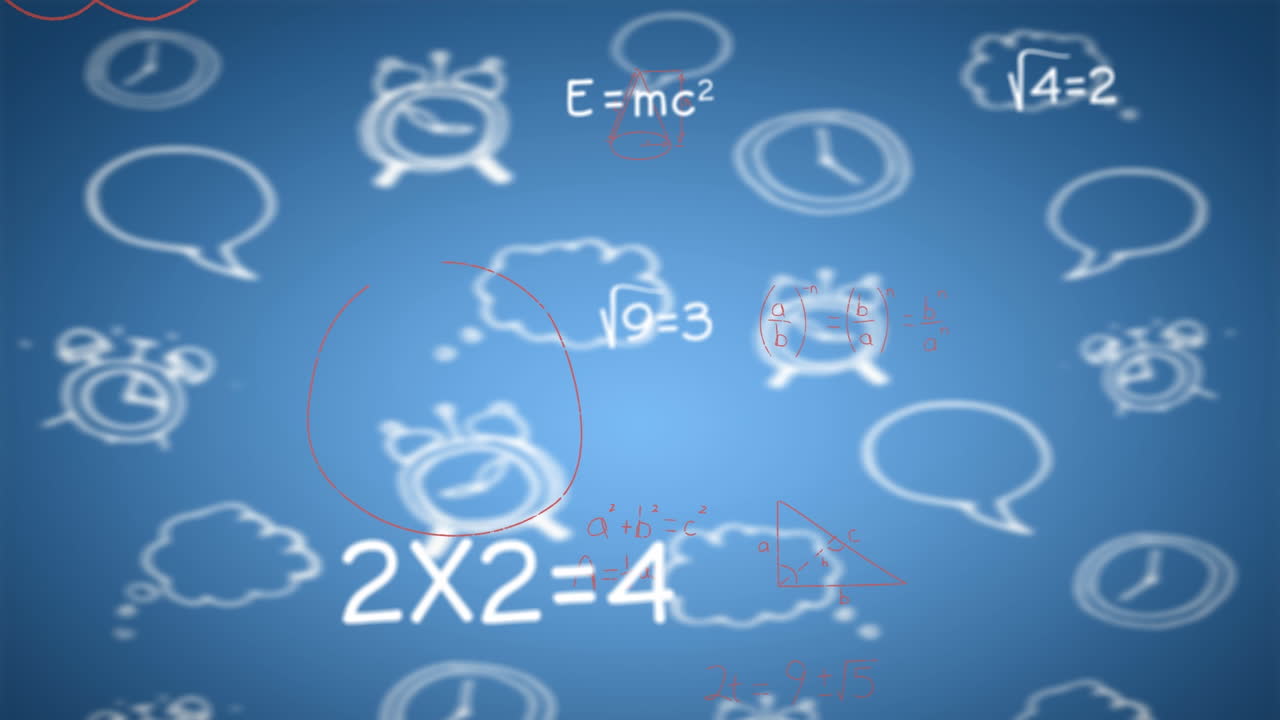 animación de ecuaciones matemáticas sobre iconos escolares en fondo azul