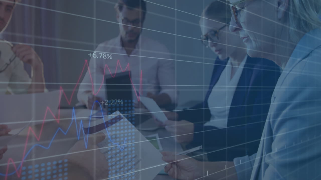 datos financieros y animación del mercado de valores sobre las personas de negocios que trabajan en la oficina