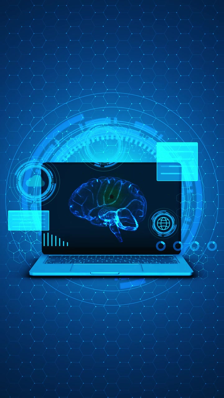 Ai brain laptop interface background with glowing hologram panels cloud icon data circles and blue