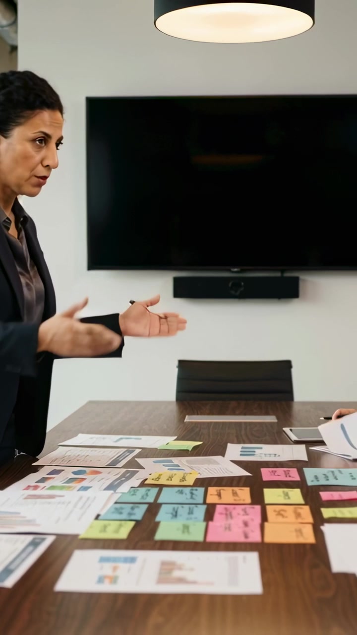 Vertical video: Reading charts, lead in suit pointing at notes, directing team at table, copy space