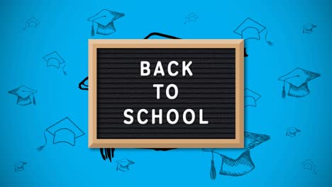 Animation-of-welcome-back-to-school-text-over-school-items-icons-and-on-blue-background