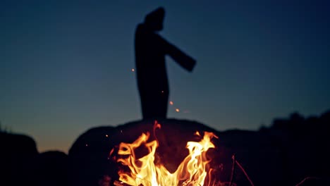 witch by night fire in forest. witch conjure by fire in night forest
