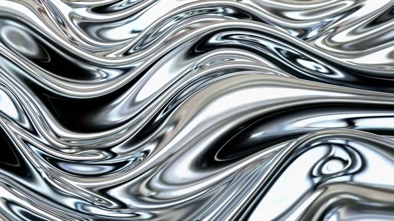 Abstract video of fluid metallic waves, captured from a top-down angle, showcasing a dynamic