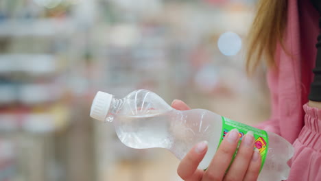 lady holds chilled bottled water in a well-lit mall, behind another person, with a blurred background featuring other shoppers around, the bottle is clear, cold, and shows visible condensation