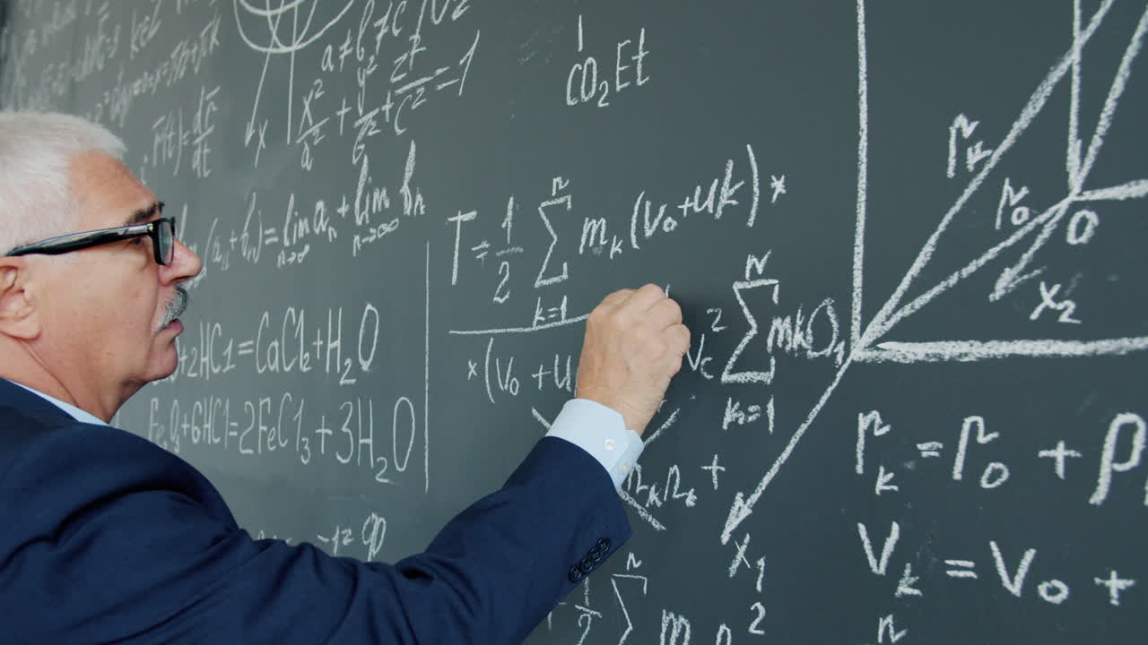 Teacher writing equations on chalkboard
