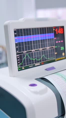 cardiograph working in the hospital ward. advanced equipment for heart examination in maternity clinic. close up. vertical video
