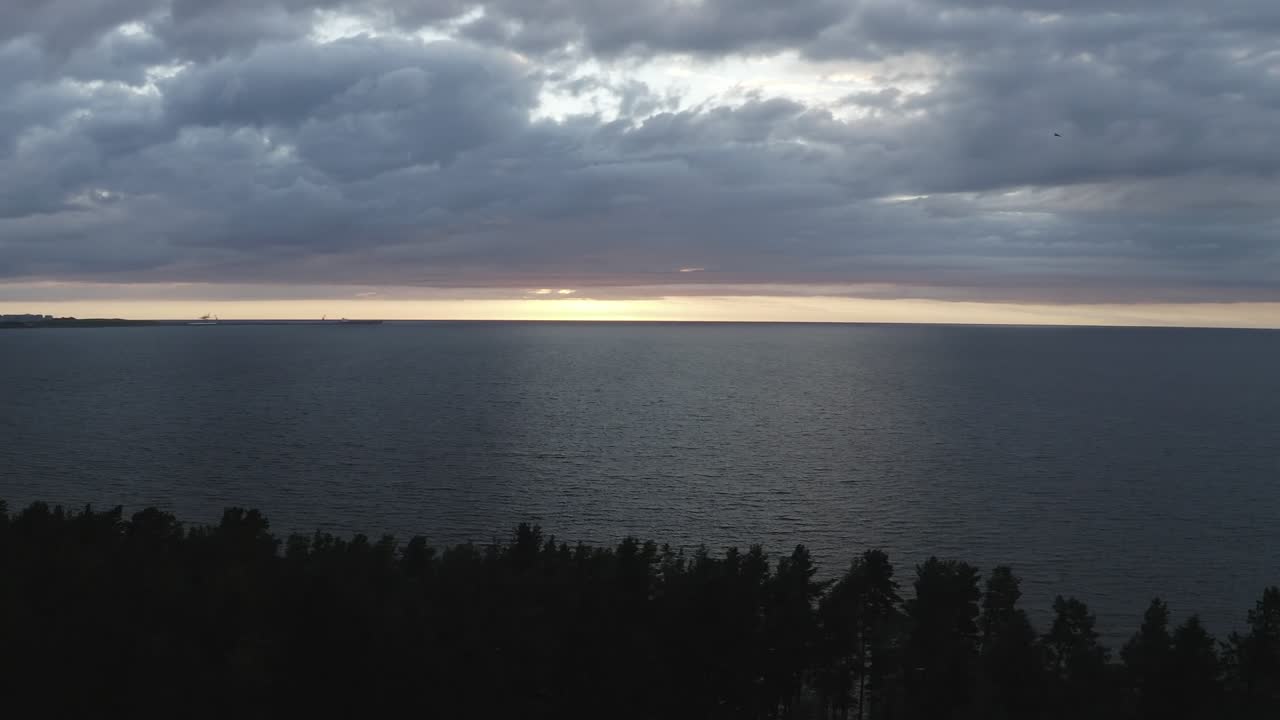 은 날 에 울창 한 숲 에 둘러싸인 해변 과 해변 의 드론