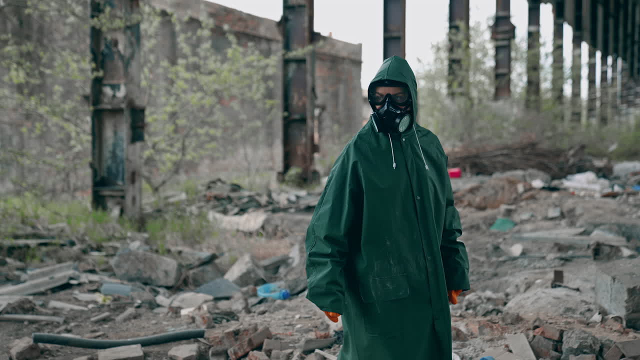 Man in special suit going out in abandoned creepy place. Apocalyptic pollution architecture.
