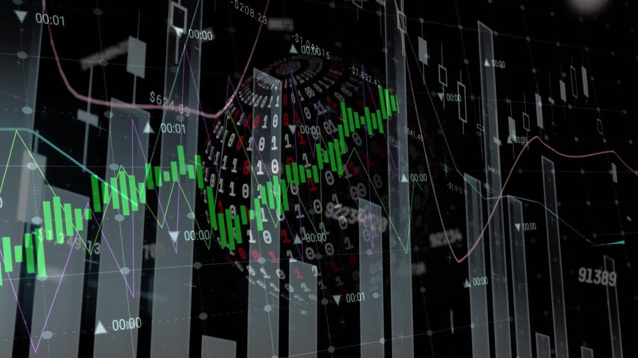 animación de gráficos y datos sobre el globo sobre un fondo negro.