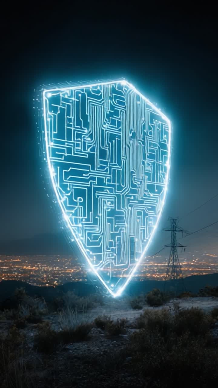 Uno scudo digitale futuristico illuminato contro il cielo notturno, che simboleggia la cybersecurity e la protezione in un mondo guidato dalla tecnologia, con un design a circuito luminoso.