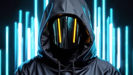 a man in a hoodie with a neon light on his face