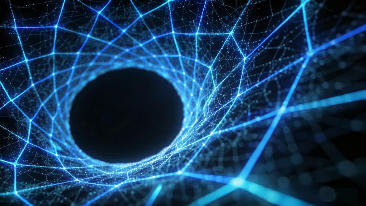 Lighting blue wireframe funnel rotating and approaching in network, showing data around dark void