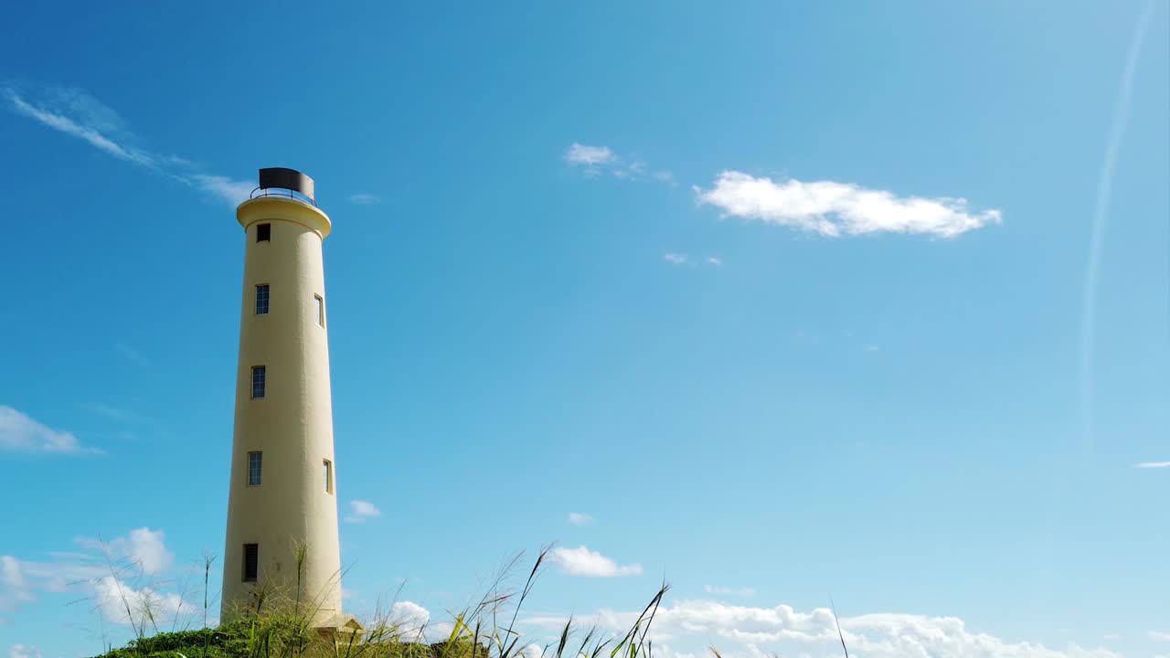 HD Hawaii Kauai Lihue boom up from branches and bushes with Ninini Point Lighthouse concealed in background to reveal the lighthouse under mostly blue sky