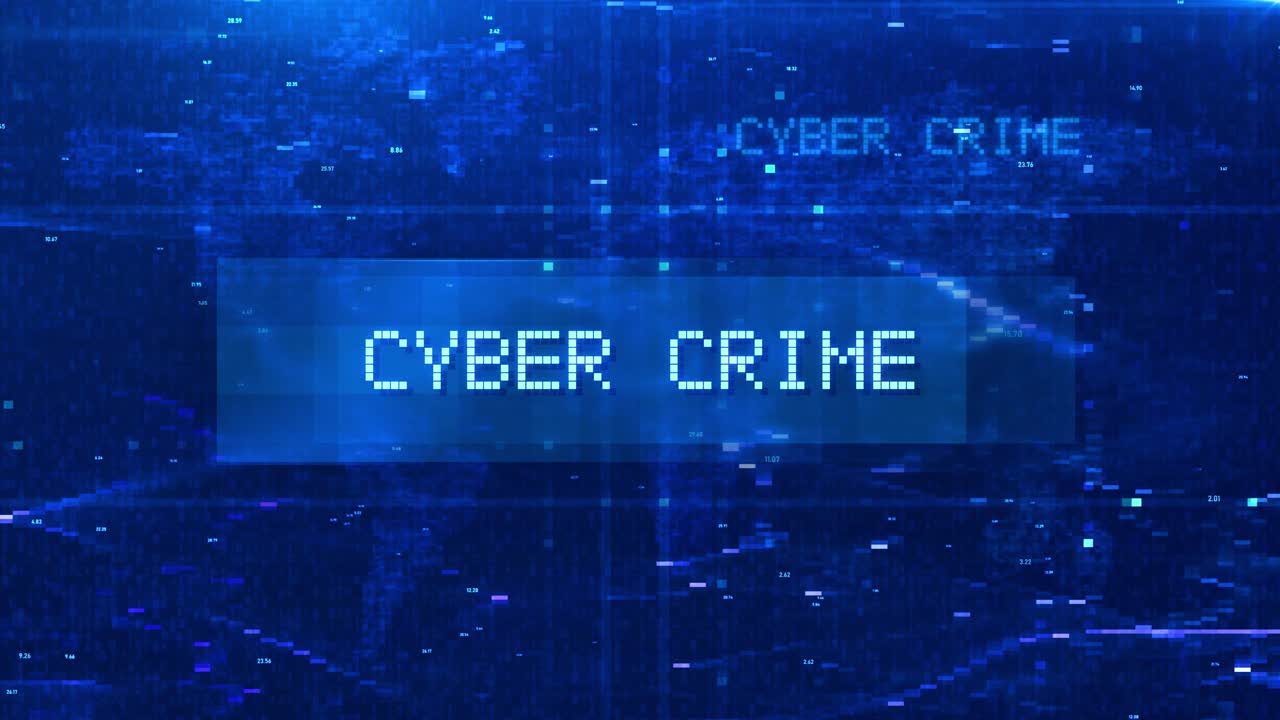 Cyber Crime Digital Text Animation over Futuristic World Map and HUD Effects