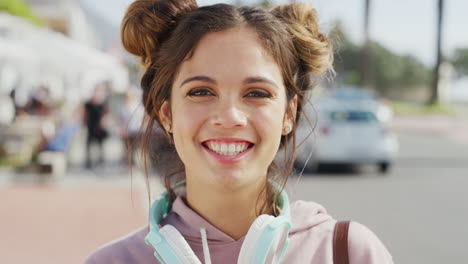 woman, face smile and happy outdoor on travel