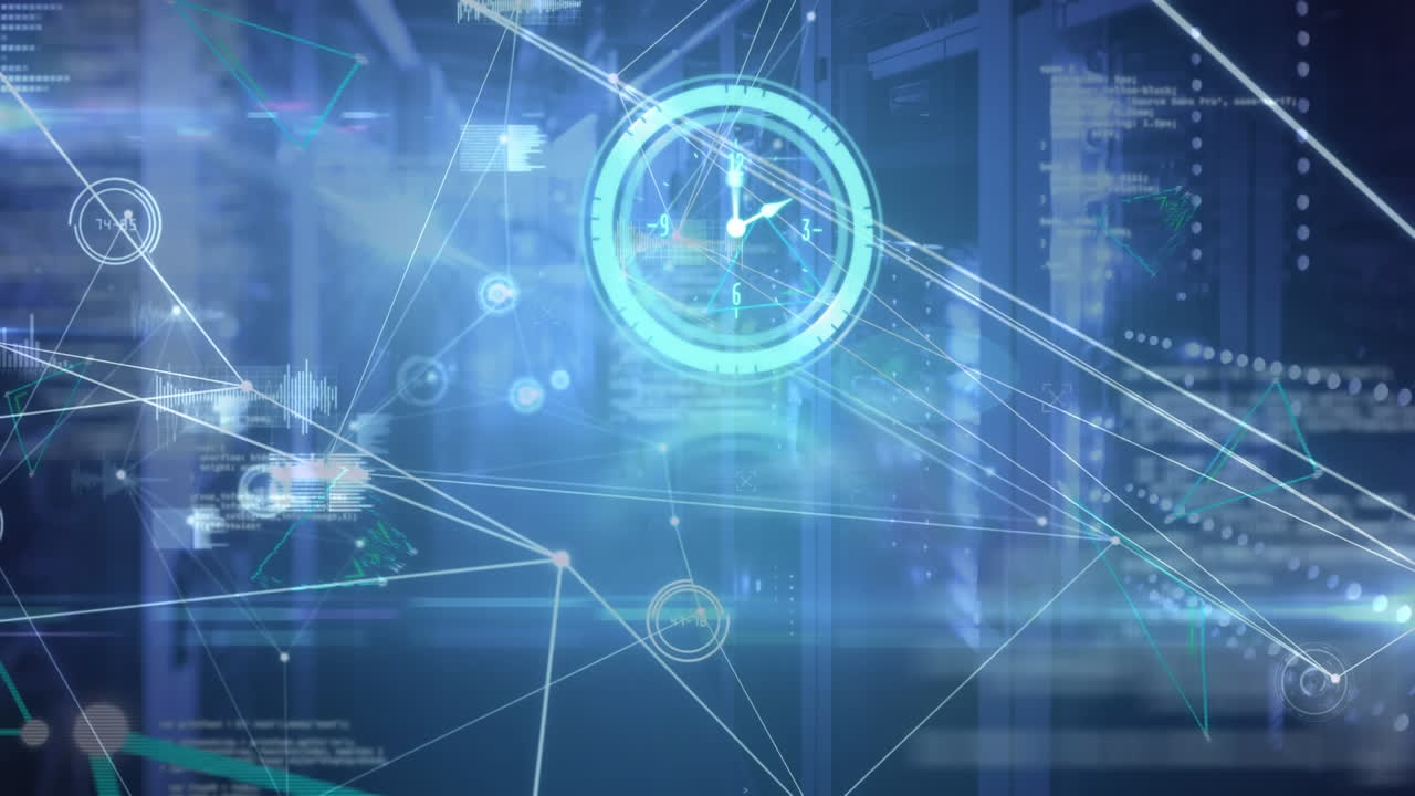 디지털 검은색과 파란색 공간에서 다양한 데이터를 가진 연결 네트워크의 애니메이션