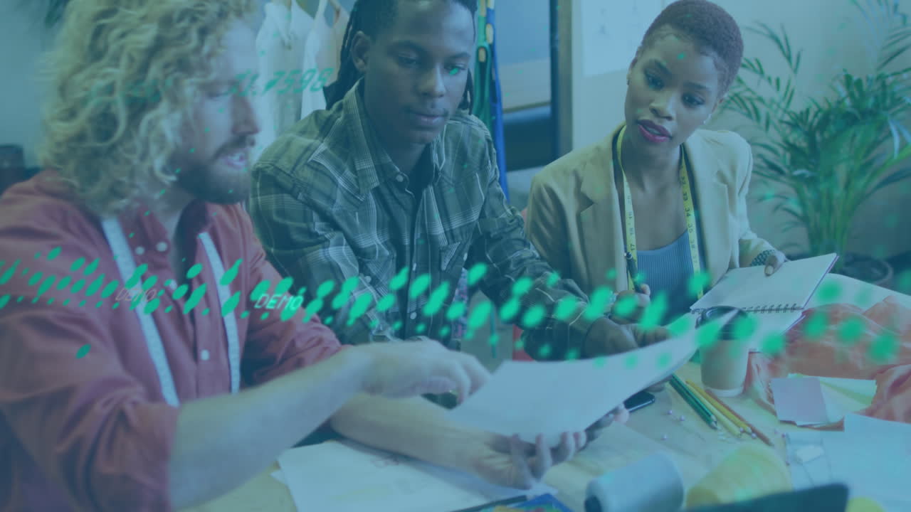 Animation of data processing over diverse business people working in office