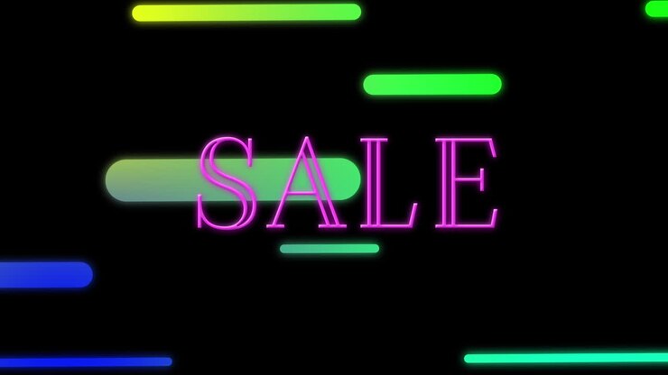 Animation of neon sale text against gradient lines moving in seamless pattern on black background