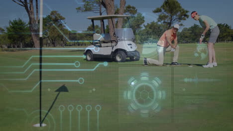 golfers on course with digital interface animation overlaying golf cart and green
