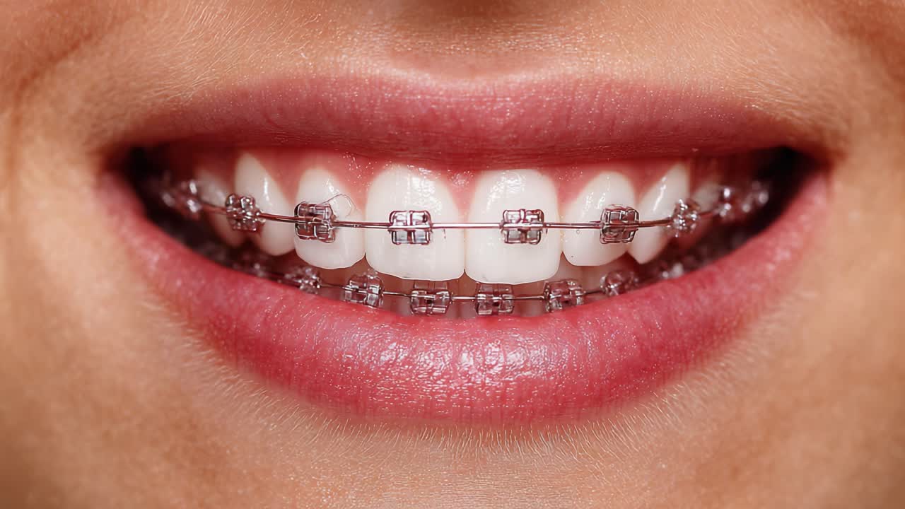 Close-up of a Smiling Person with Clear Braces, Showcasing Healthy Teeth and Beautiful Smile Transformation Through Orthodontic Treatment