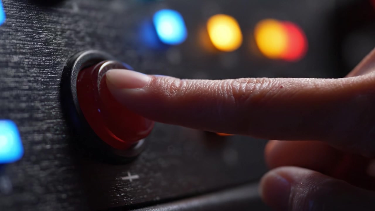 Close-Up of a Vibrant Control Panel Featuring a Prominent Red Button Amidst Colorful Illuminated Indicators and Dials, Evoking a High-Tech Environment