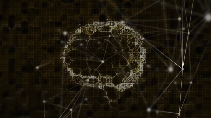 Animazione di forme in movimento e un cervello su sfondo nero