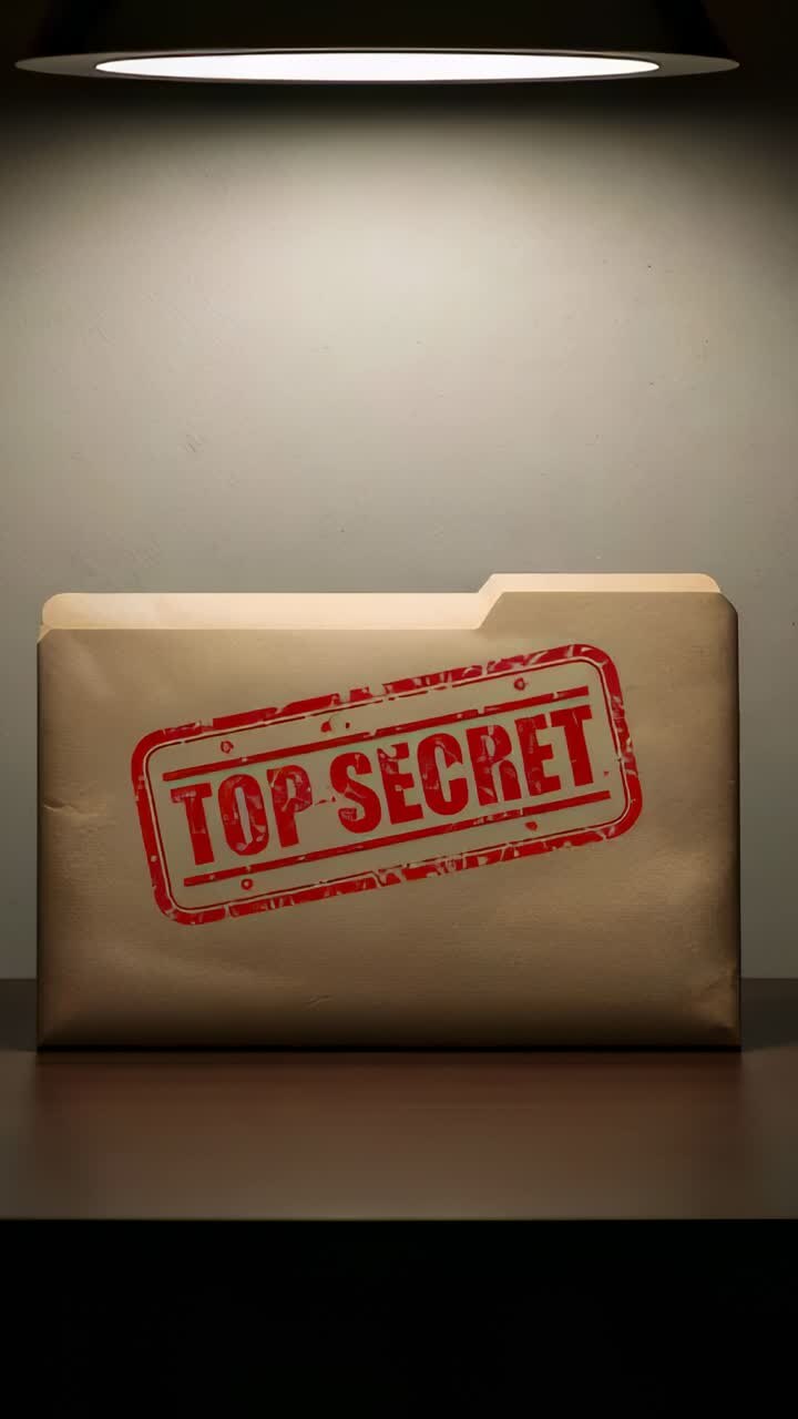 Video verticale: la telecamera si allontana rivelando una cartella di manila con il timbro TOP SECRET sulla scrivania e l