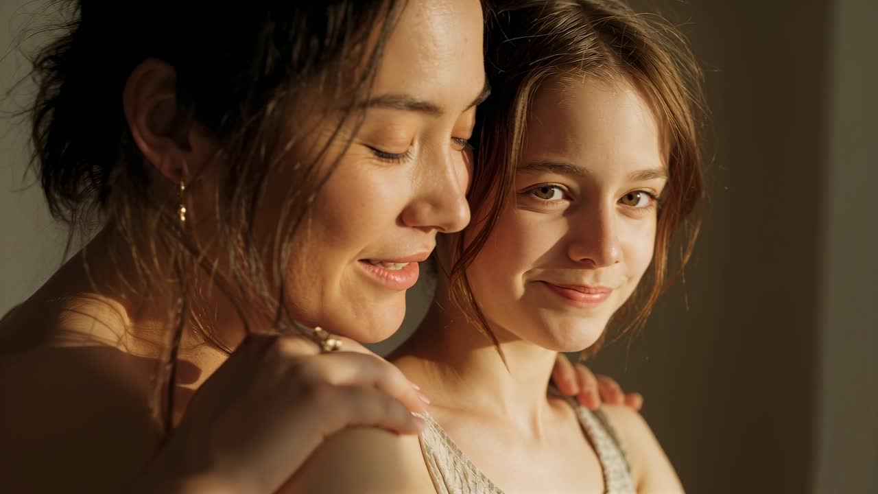 Leaning mother resting hands on girl's shoulder and fixing strap at home, sunlight on rings