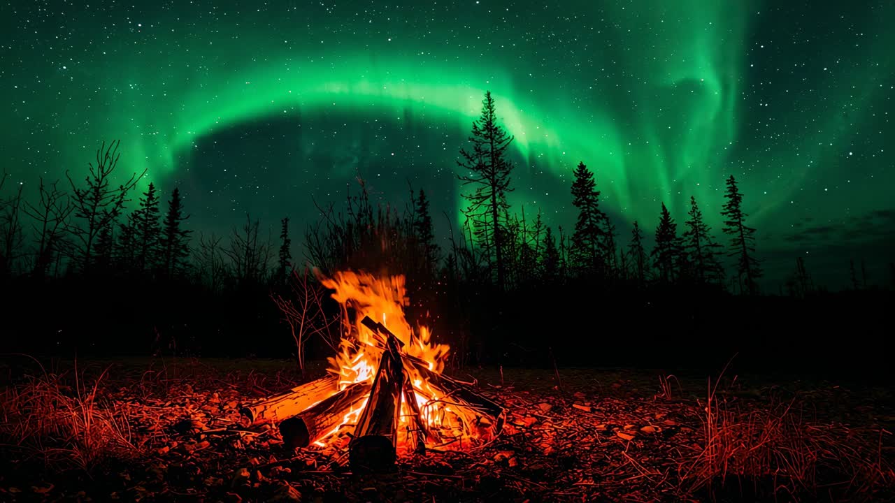 Flickering teepee-style campfire reacting to auroral shift in forest clearing, lighting leaf litter