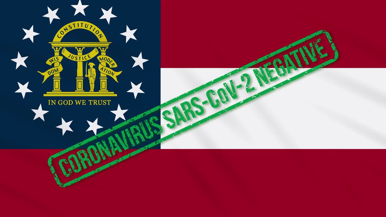 미국 조지아 주 (georgia u.s. state) 는 코로나바이러스로부터 자유를 위한 녹색 스프가 새겨진 발을 흔들고 있다.