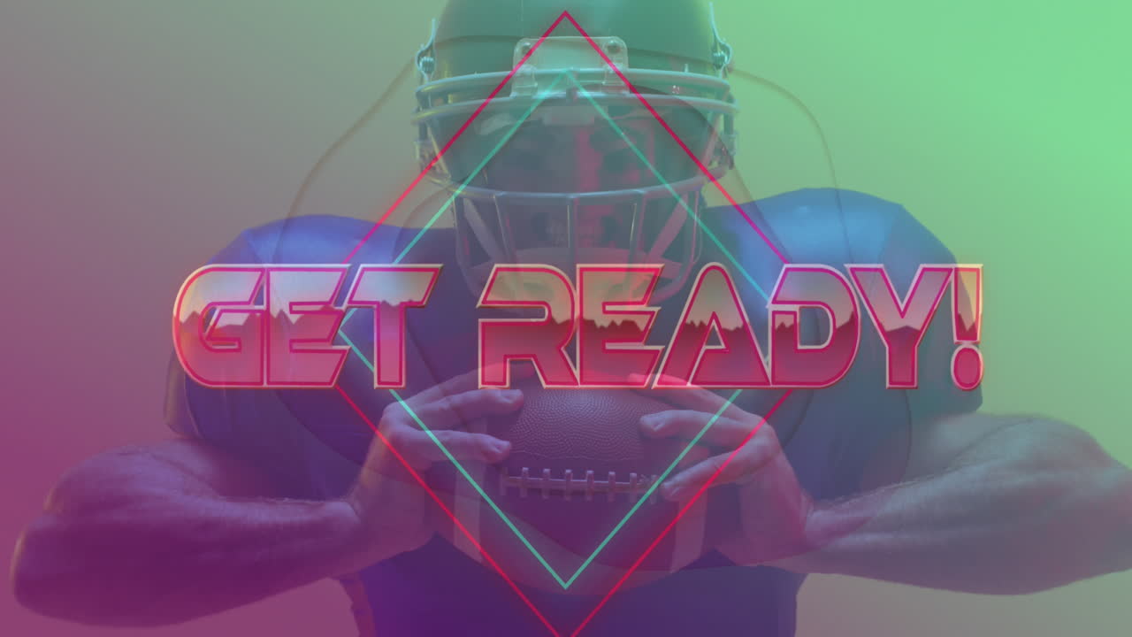 Animation of get ready text over american football player and neon diamonds