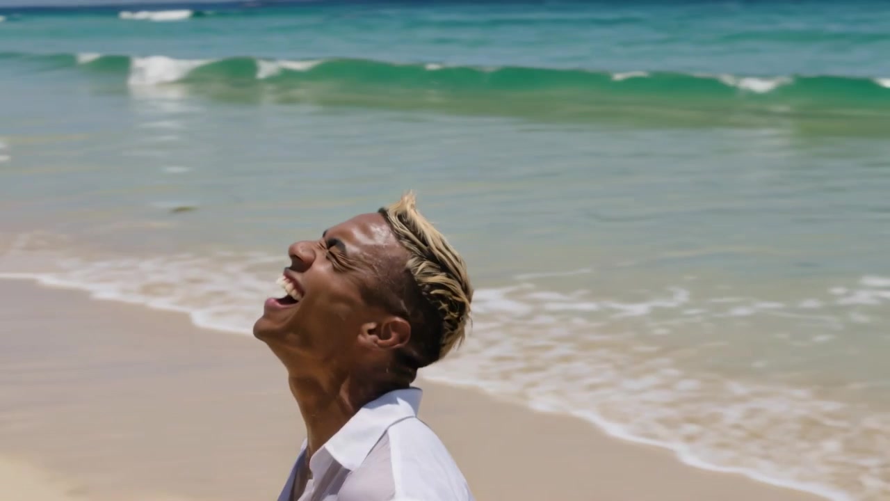 Laughing man with bleached hair reacting to small waves at shoreline, raising arms, wet white shirt