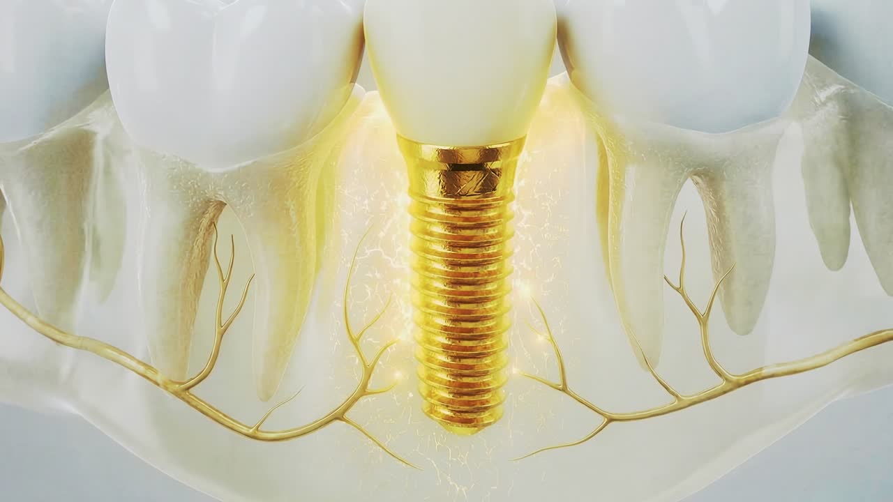 Dental implant screw anchors into jawbone beneath crown, showing gum tissue and nerve pathway during placement