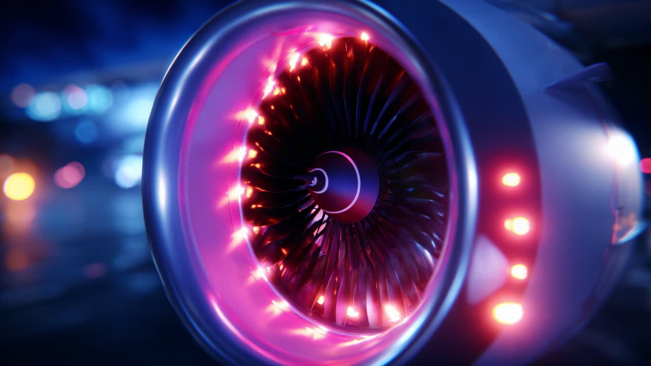 Close-Up of a High-Tech Turbine Engine Illuminated with LED Lights, Showcasing Advanced Aerodynamic Design and Engineering, Housing a Powerful Fan Blade System for Optimal Performance