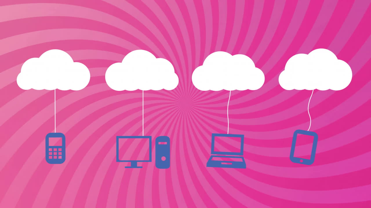 Animation of clouds with electronic devices over pink stripes