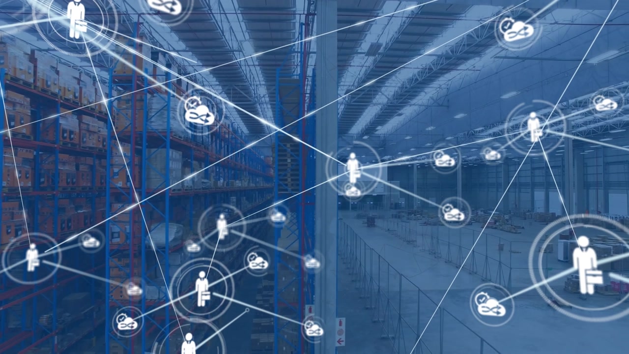 Animation of network of connections with icons over wearhouse