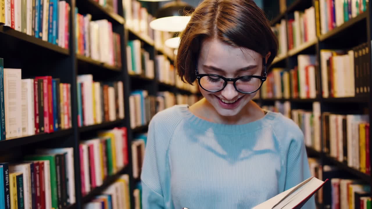 mujer joven leyendo en una biblioteca