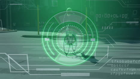 cyclist on street with digital radar and data overlay animation