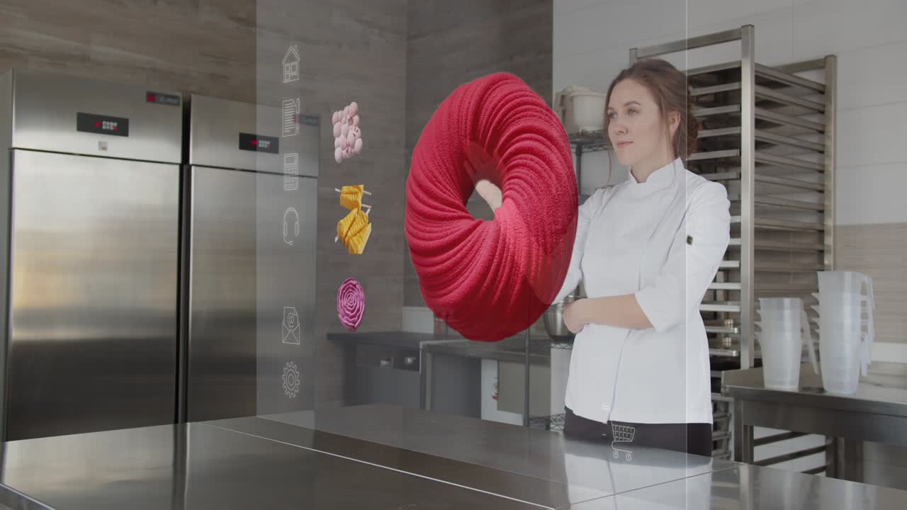 hermosa chef femenina usando interfaz digital de realidad aumentada 3d en la cocina. el comprador elige pasteles en la tienda en línea. concepto de interfaz vfx futurista.