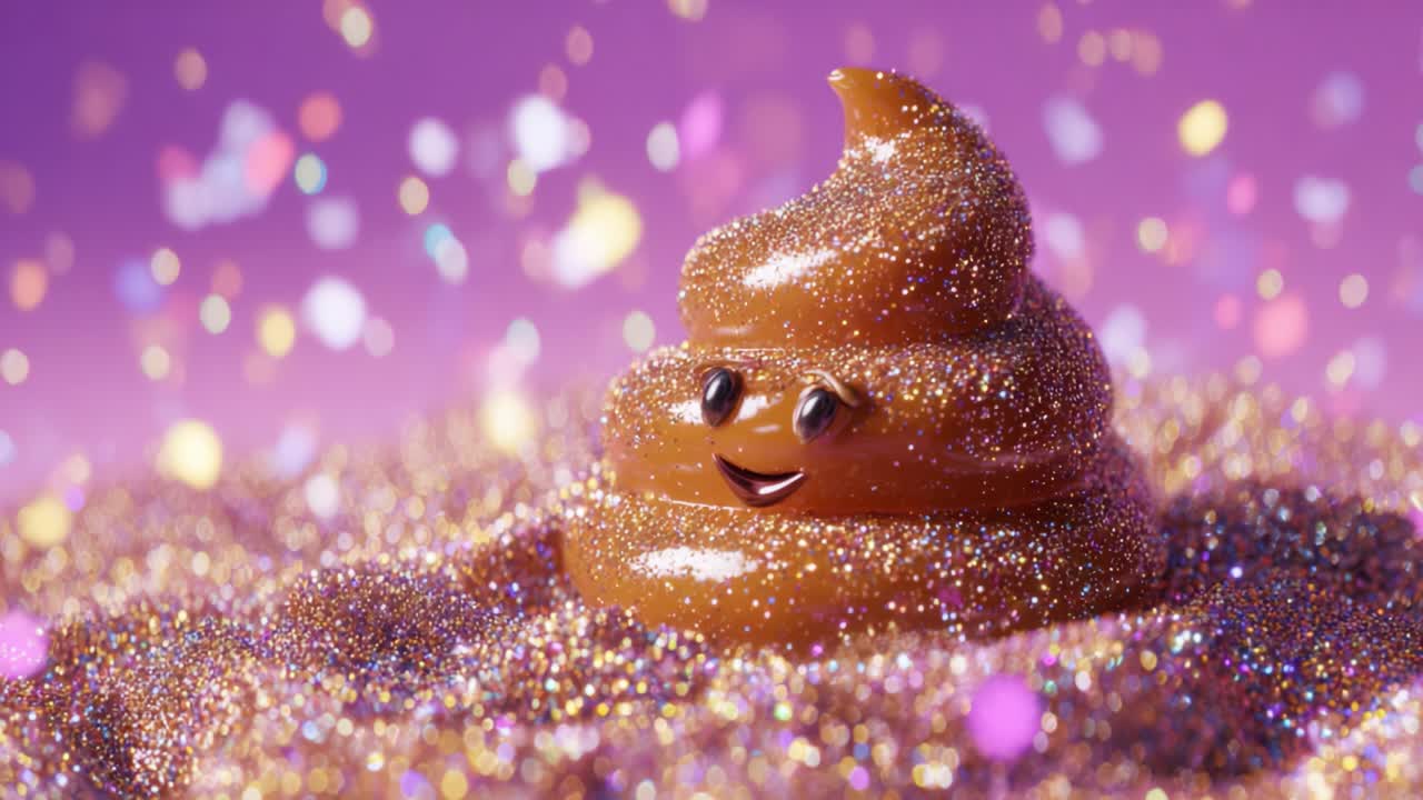 Una rappresentazione stravagante di un allegro emoji a forma di cacca animata, ricoperto di glitter vibranti e circondato da uno sfondo viola scintillante pieno di coriandoli colorati, che mostra gioia e giocosità