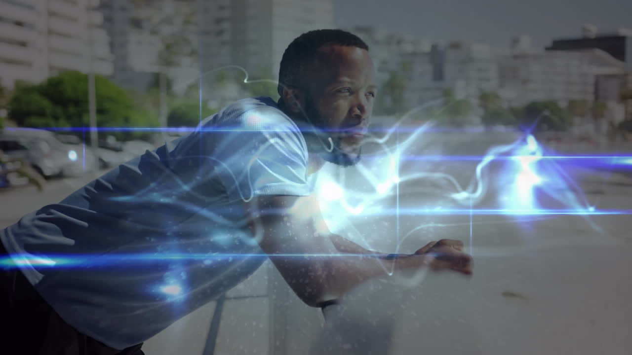 animación de la red de conexiones sobre el hombre haciendo ejercicio al aire libre