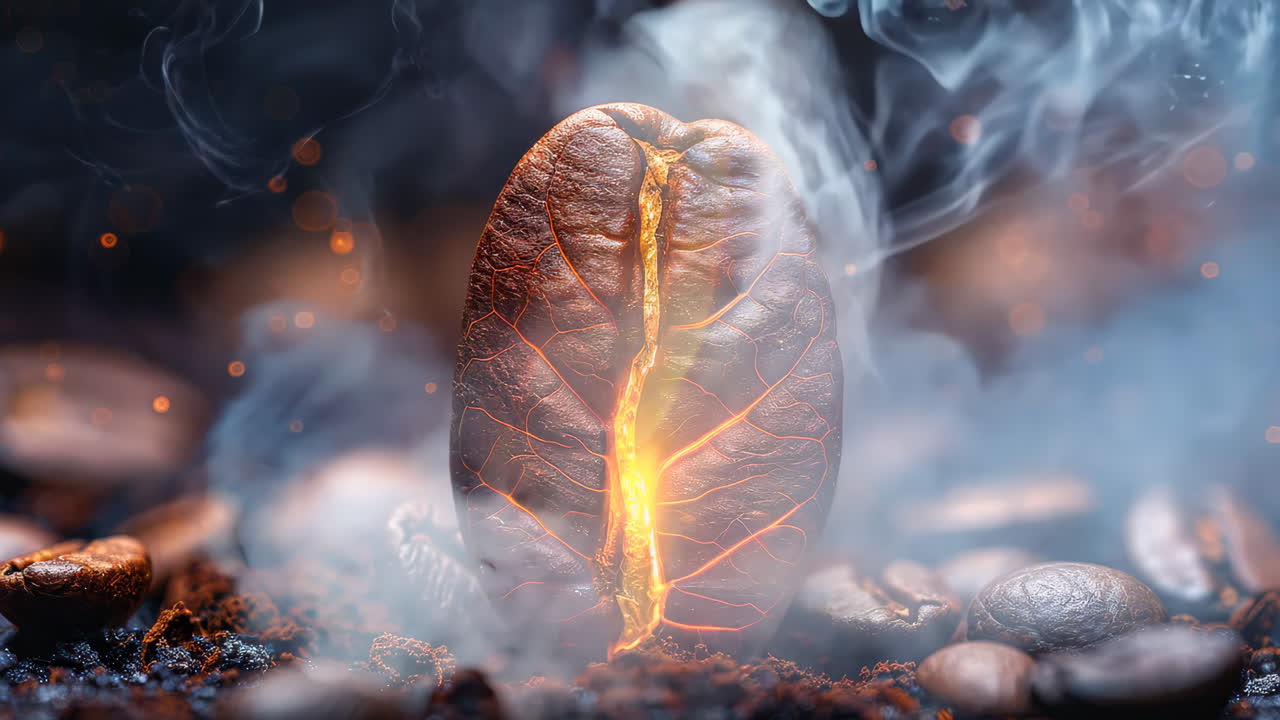 Glowing Coffee Bean Surrounded by Smoke at Dusk. A coffee bean emits a warm glow while surrounded by swirling smoke and scattered beans.