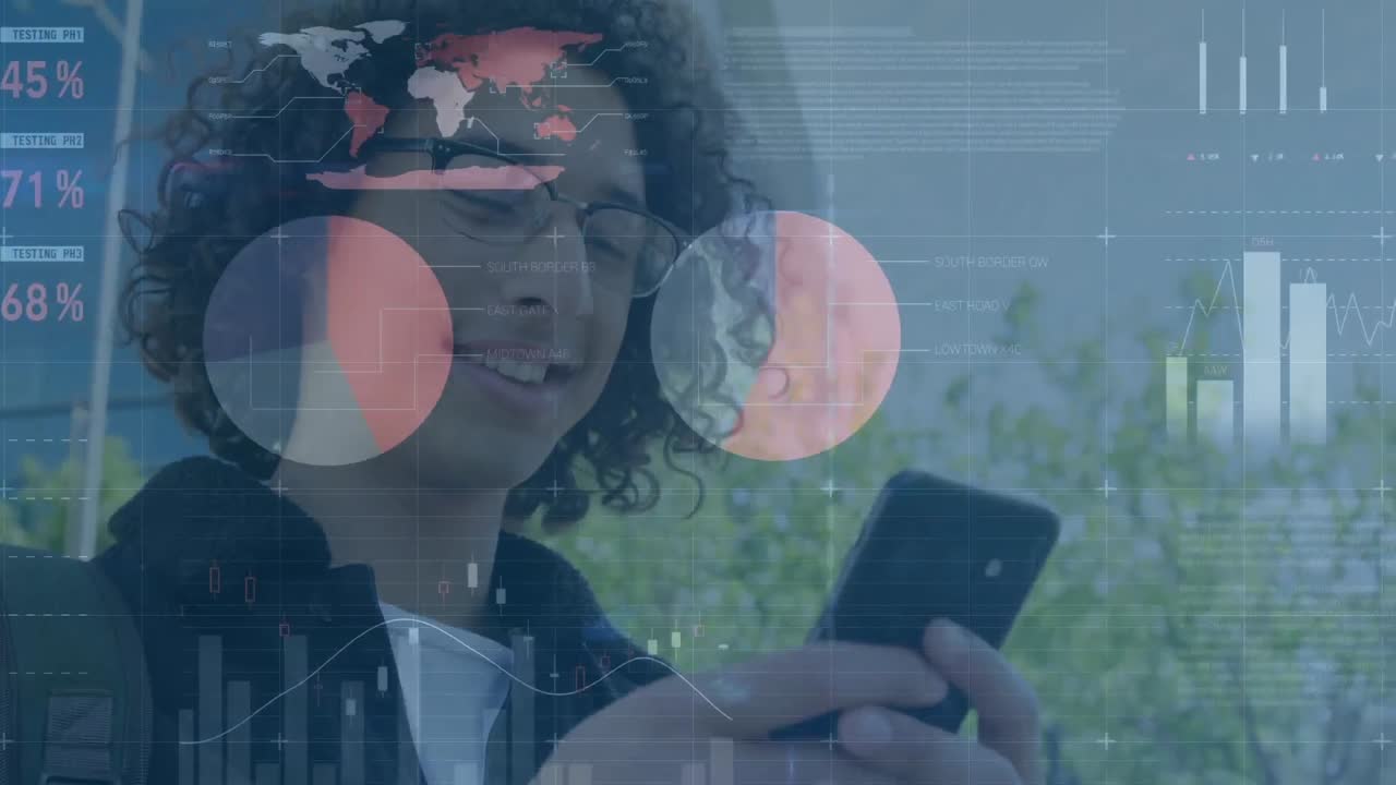 animación de estadísticas y procesamiento de datos financieros sobre el hombre utilizando teléfonos inteligentes