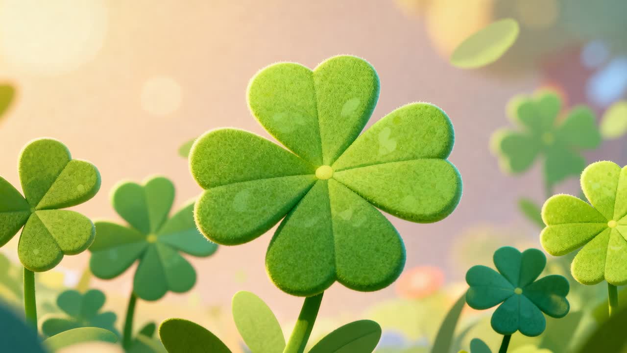 Zooming camera filming large lobed clover swaying toward warm left light in grass leaflets drifting