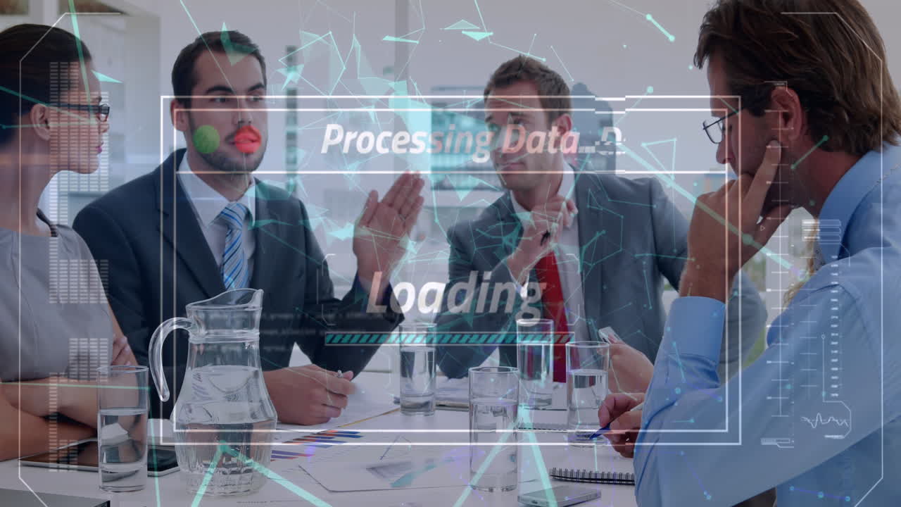 사무실에서 회의를 가진 다양한 사업가들에 대한 금융 데이터 처리의 애니메이션