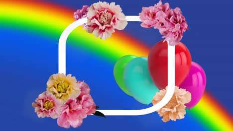 Animation-Von-Blumen-Auf-Einem-Rahmen-über-Fliegenden-Luftballons-Und-Regenbogen-Vor-Blauem-Hintergrund
