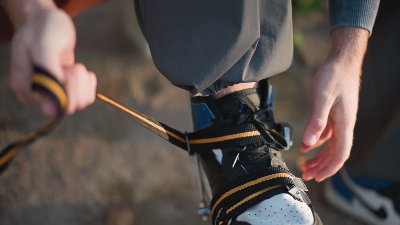 Close-up of foot secured in stilt with orange straps, hand adjusting strap outdoors in natural light, gray clothing visible, focus with natural environment creating authentic setting