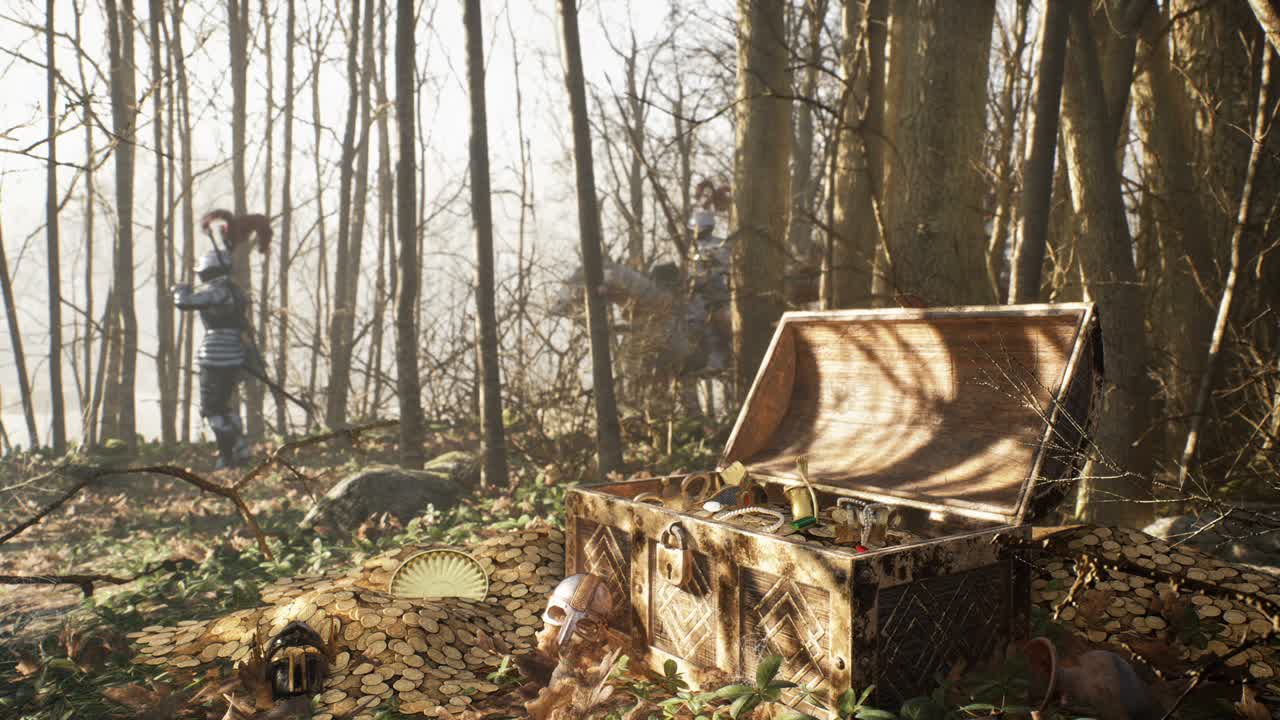 보물과 금화를 가진 고대 상자가 숲에 서 있고, 중세 기사들이 지나갑니다. 없이 루프 할 수 있는 애니메이션은 역사적, 중세 또는 군사적 배경을위한 것입니다.