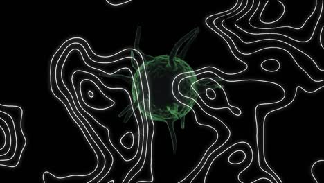 Animation-of-topographic-chart-moving-over-floating-green-covid-19-cell,-turning-white,-on-black